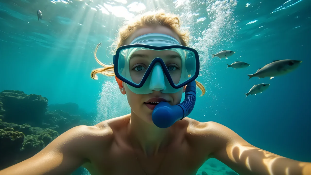 A close-up of a snorkeler underwater with coral and fish in the background, sunlight filtering through the water.