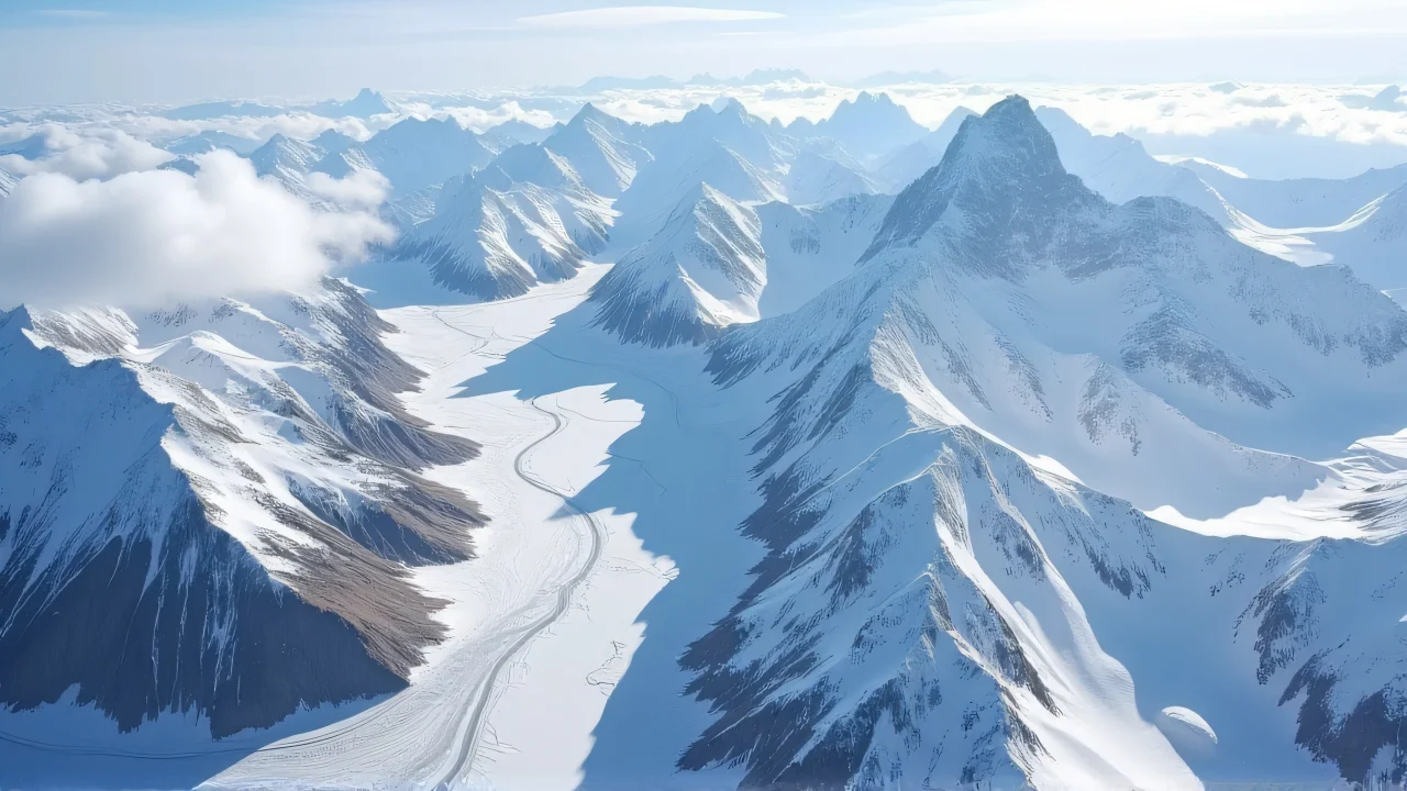 Aerial view of a snow-covered mountain range with an alpine river and glaciers under low clouds.
