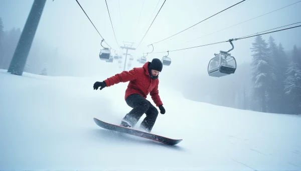 Snowboarding Action Under Cable Cars In Daylight