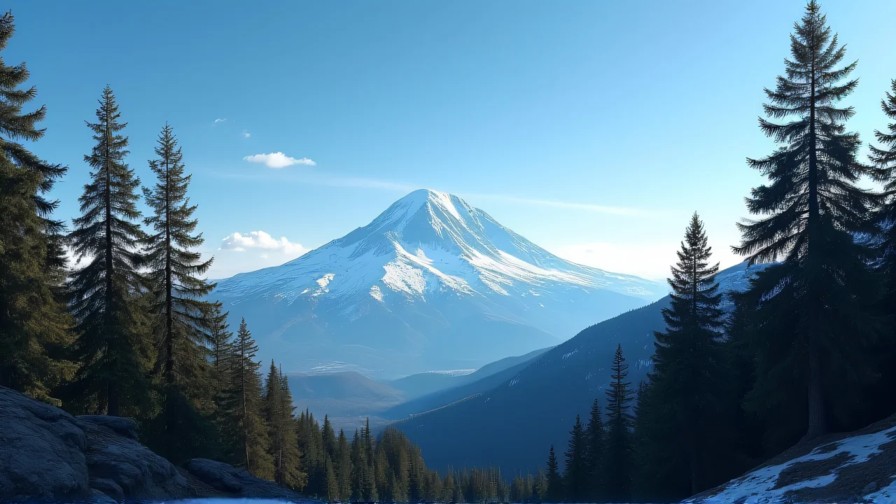 Distant snowcapped mountain with pine trees under blue sky.