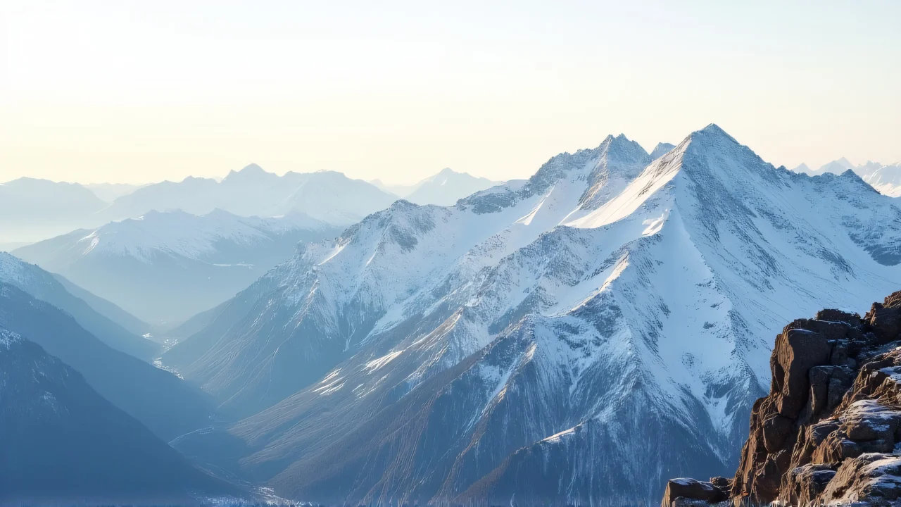 Panoramic view of snow-covered mountain peaks with a tranquil morning sky.