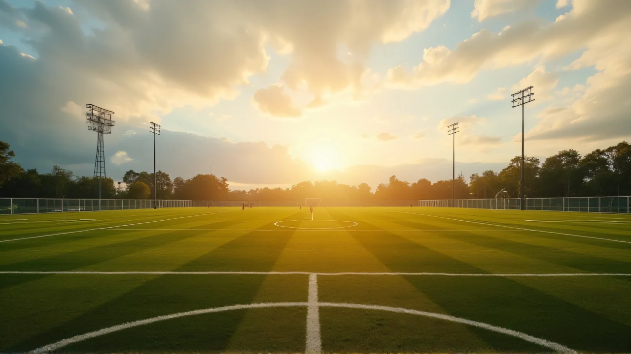 Players engaging in soccer on a wide-open field during golden hour.