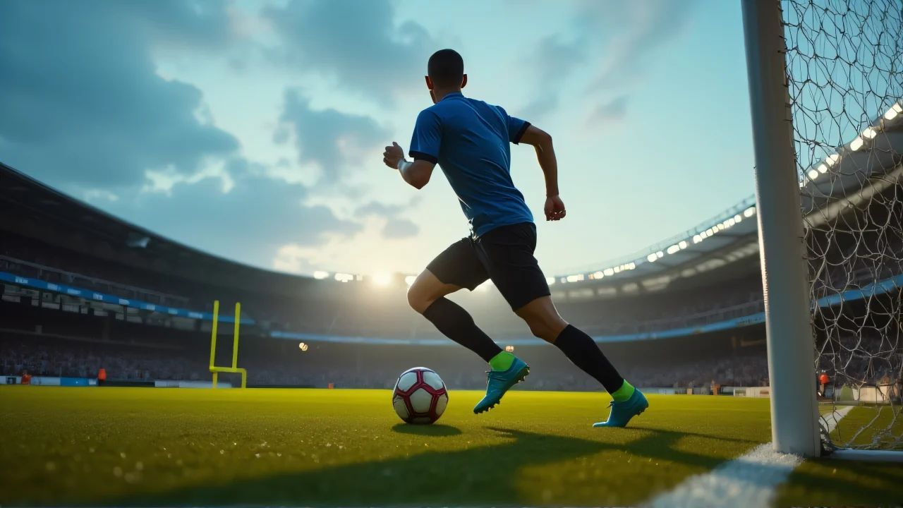 A soccer player in mid-stride prepares to kick near the goal net under stadium lights.