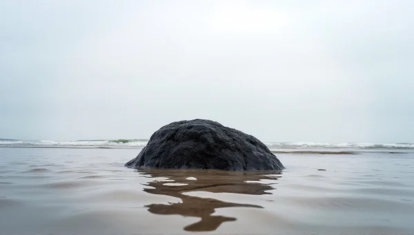 Solitary Black Rock On Sandy Beach Low Tide