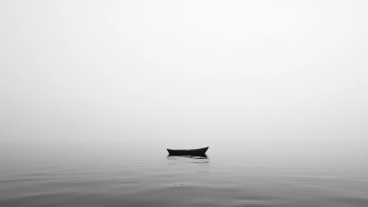A solitary boat floats on calm water with reflective ripples under a soft overcast sky.