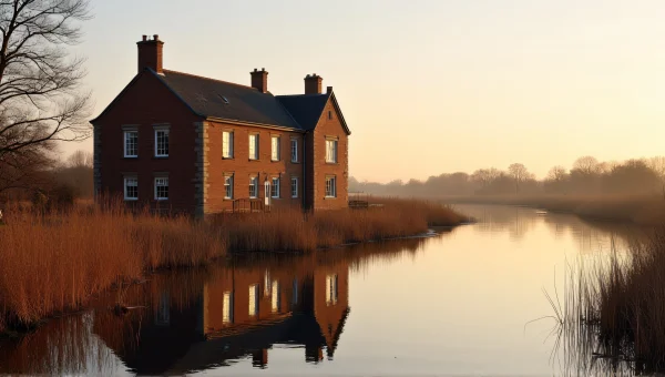 Solitary Brick Building By Calm River At Golden Hour