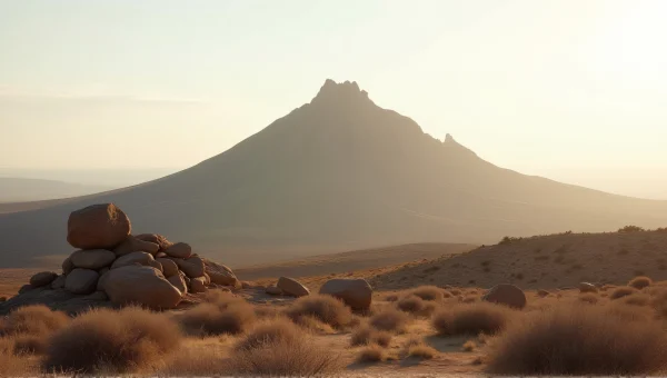 Solitary Brown Rock Mountain in Scrubland Landscape