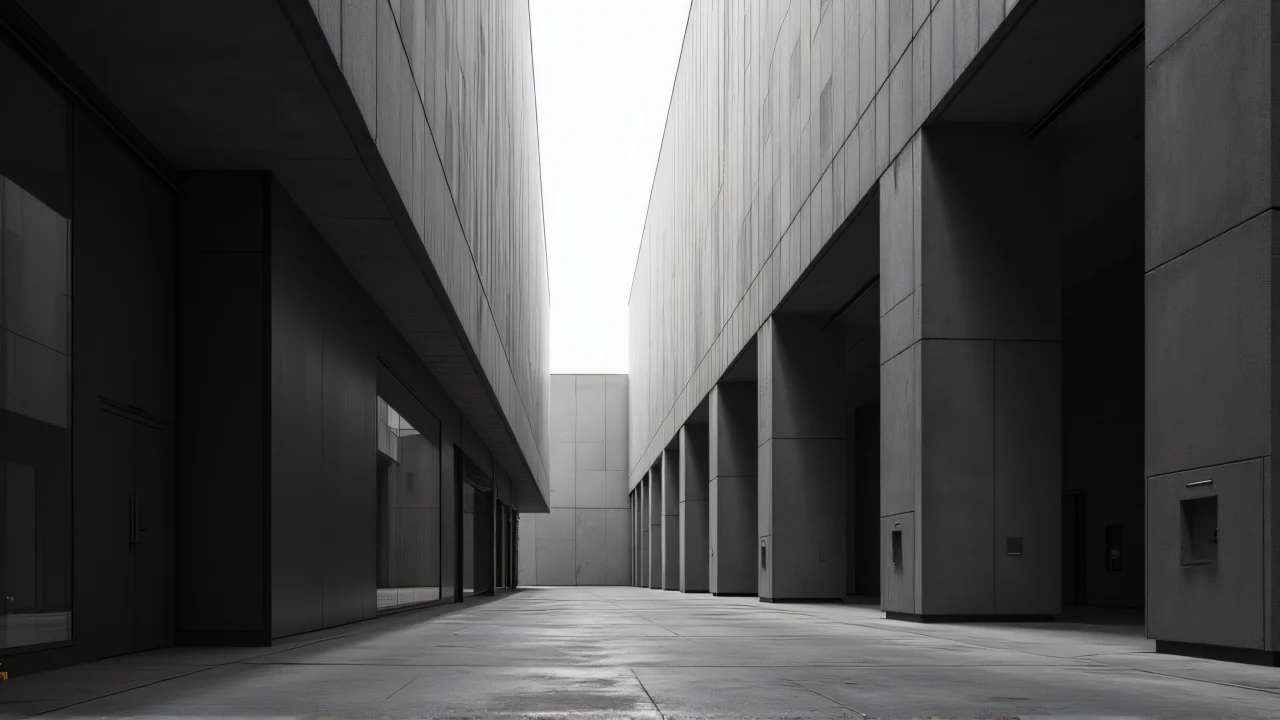 Grayscale image of a solitary building with sharp lines and deep shadows from a low angle.