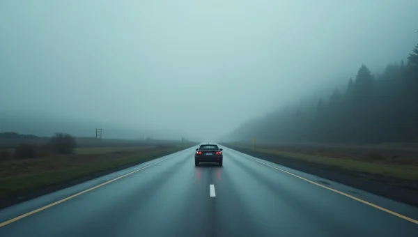 Solitary Car Driving On Wet Asphalt Road
