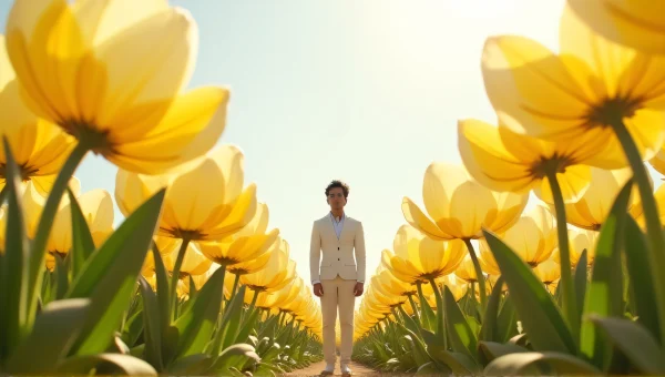 Solitary Figure Among Oversized Yellow Flowers