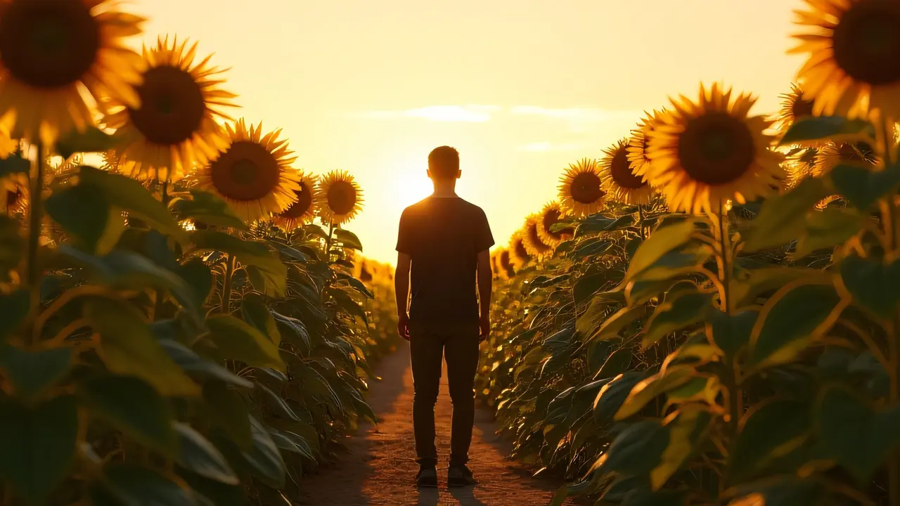 A lone figure stands amidst towering sunflowers, casting long shadows in a warm glow.