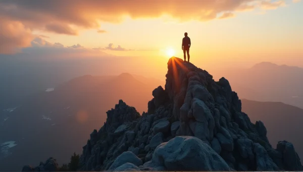 Solitary Figure Atop Jagged Mountain Peak at Dawn