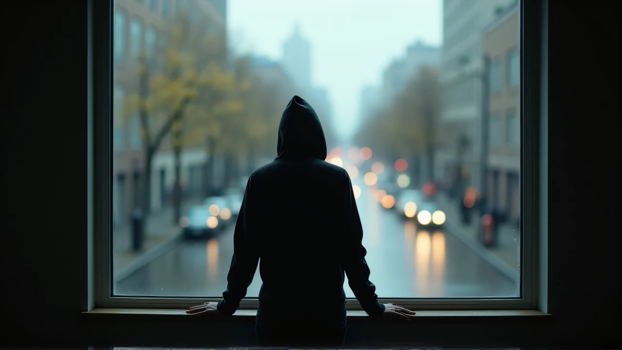 A person stands by a window, looking out at a rainy city street with soft backlighting.
