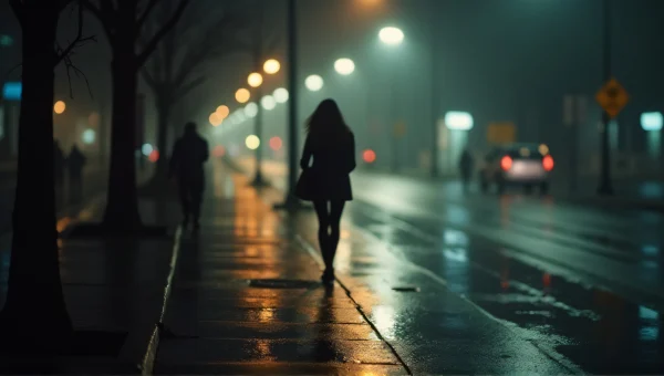 Solitary Figure Walking On Rainy Night Street