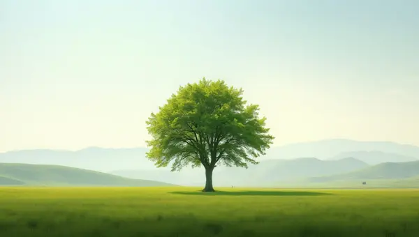 Solitary Green Tree In Quiet Morning Field