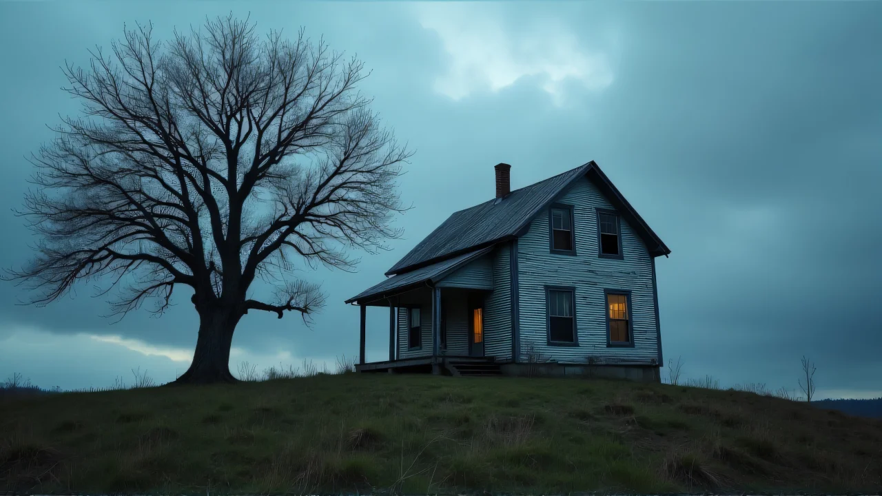 A lonely grey house with cracked paint sits on a windswept hill at dusk.
