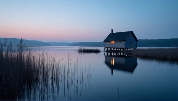 Solitary House On Stilts By Calm Lake At Dusk