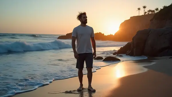 Solitary Man at Rocky Seashore During Dusk