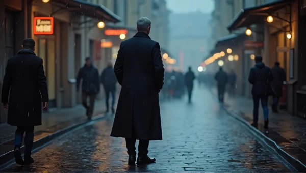 Solitary Man in Black Coat on Rainy Street