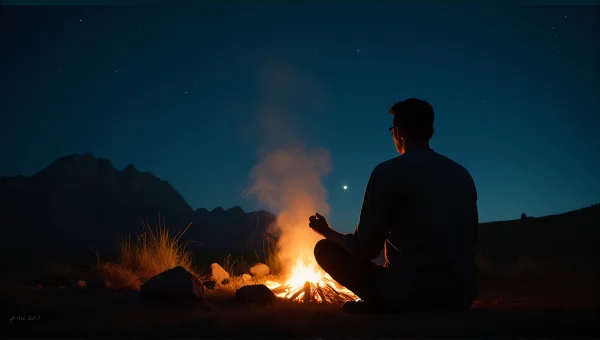 Solitary Man By Fire In Starry Night Sky