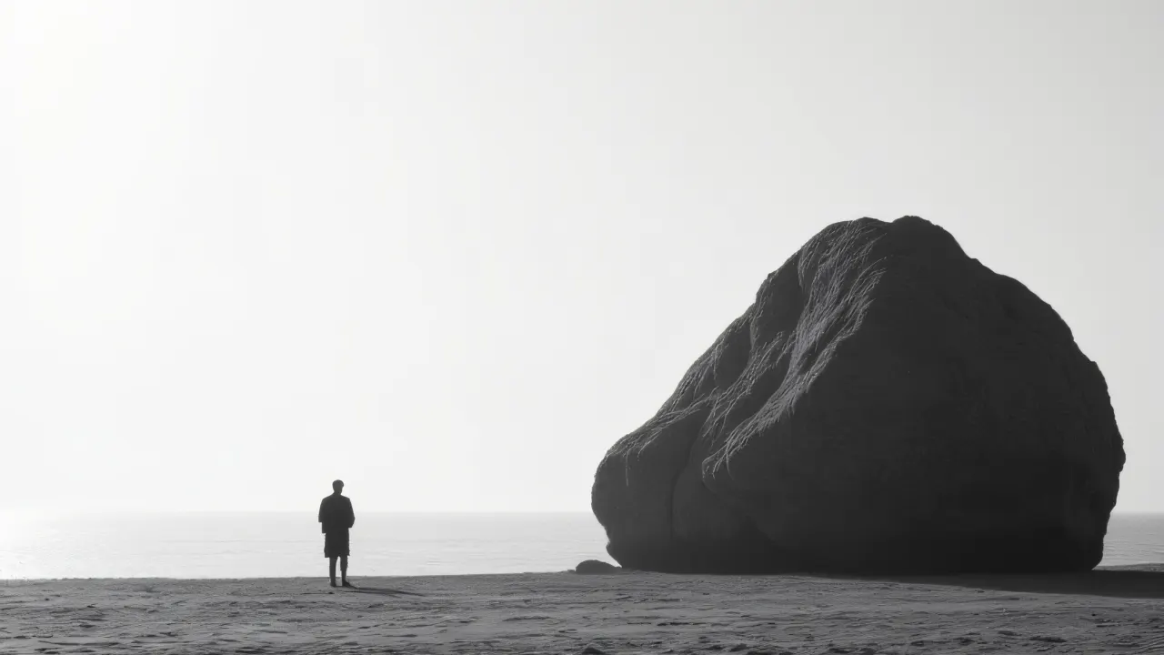 A solitary man stands next to a large weathered rock on a flat shoreline in this grayscale photograph.