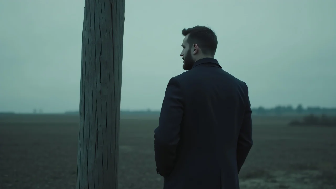 A solitary man in a coat stands by a wooden post at dusk.