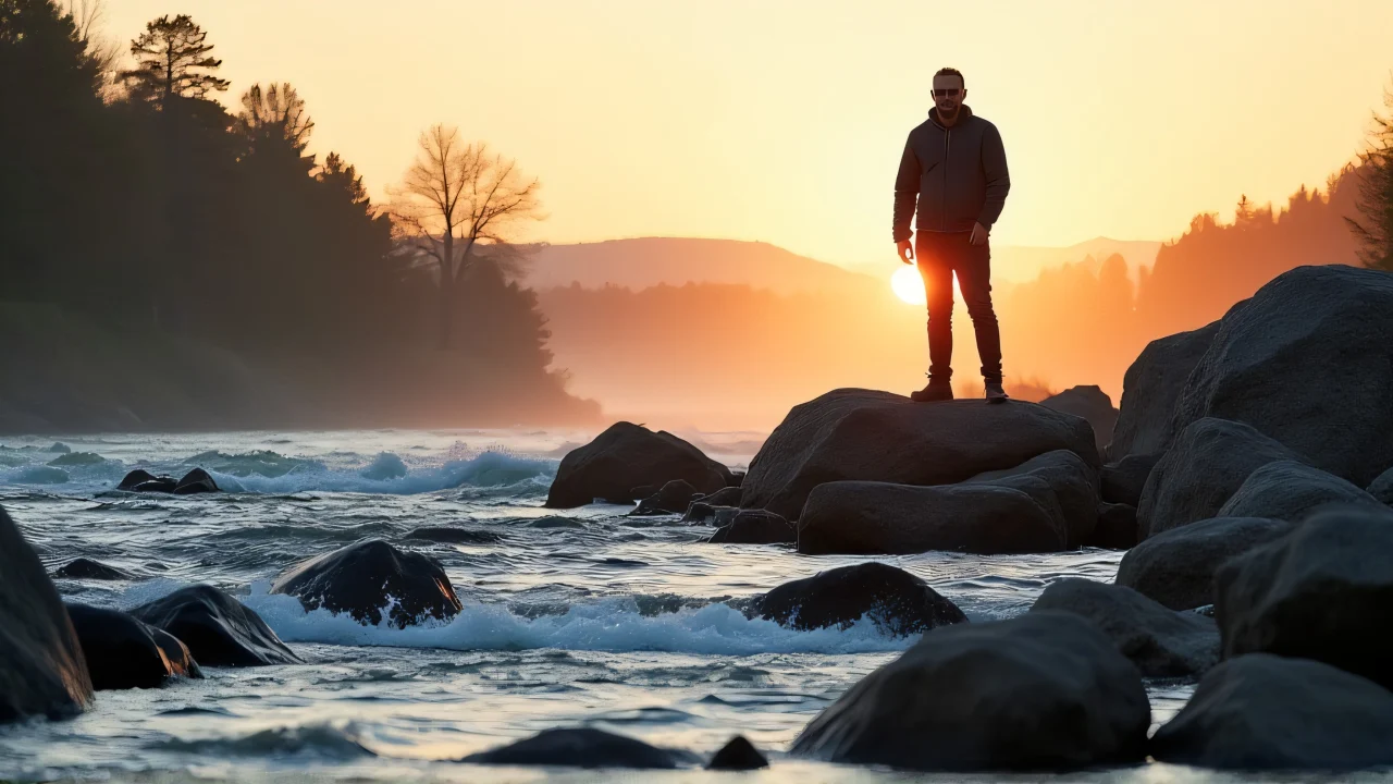 A solitary man stands on jagged river rocks, illuminated by the low sun with flowing water and treeline in the background.