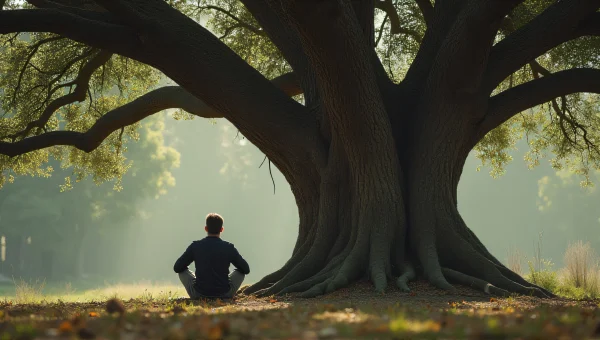 Solitary Man Meditating Under Gnarled Oak Tree
