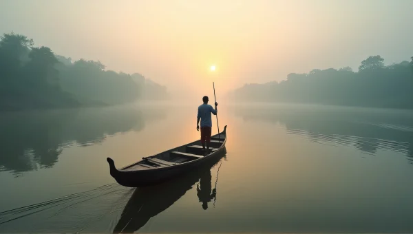 Solitary Man Navigating Misty River at Dawn