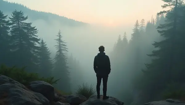 Solitary Man Overlooking Dense Evergreen Forest