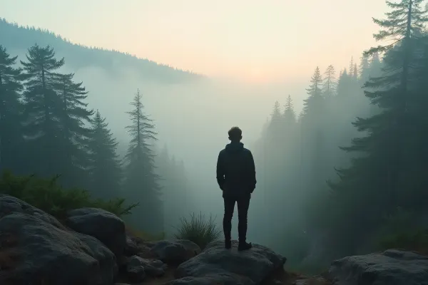 Solitary Man Overlooking Dense Evergreen Forest