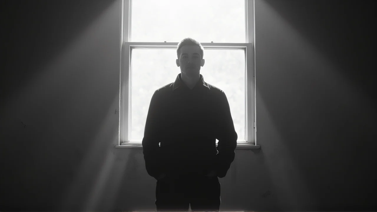 Greyscale portrait of a solitary man in soft light.