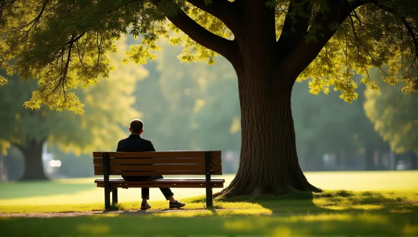 Solitary Man Relaxing on Park Bench Under Oak