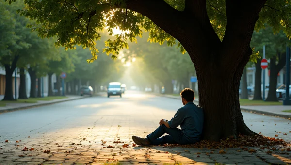 Solitary Man Relaxing Under Tree In City