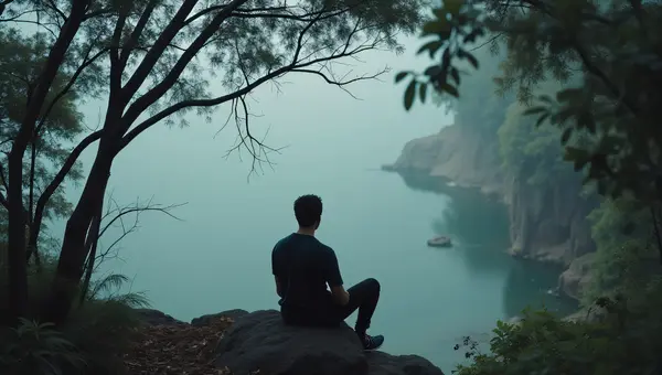 Solitary Man on Rock Surrounded by Nature