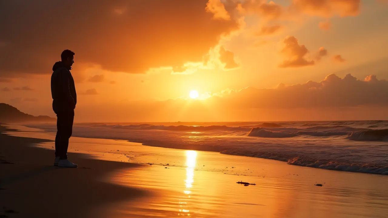 A solitary man stands against a sunset backdrop on a windswept beach.