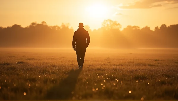 Solitary Man Standing on Dew-Covered Grass