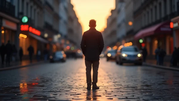 Solitary Man Standing on Wet Cobblestones at Dusk