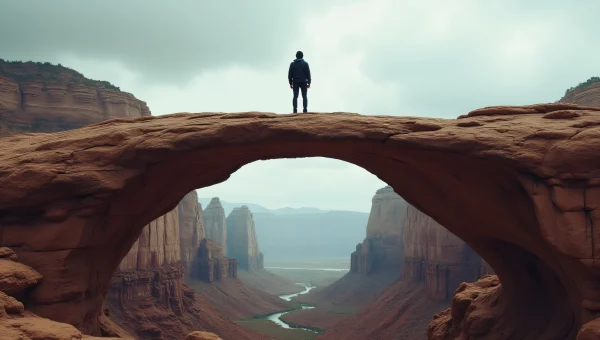 Solitary Man On Stone Arch Over Canyon