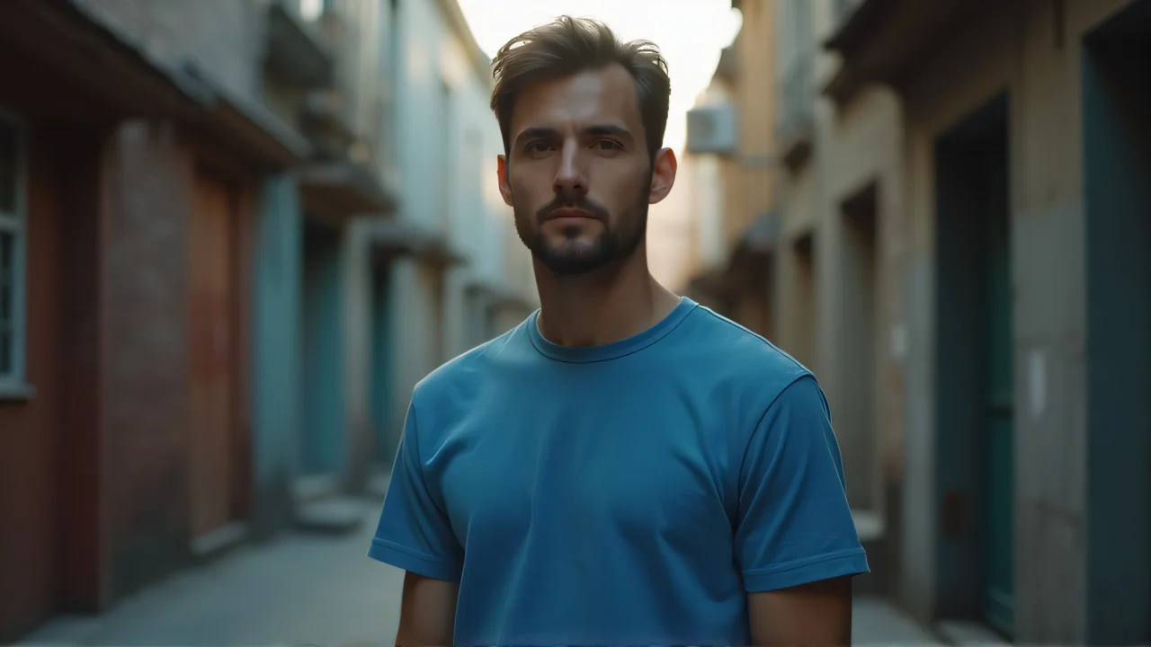 A man in a blue crew-neck T-shirt stands alone in an urban alley.