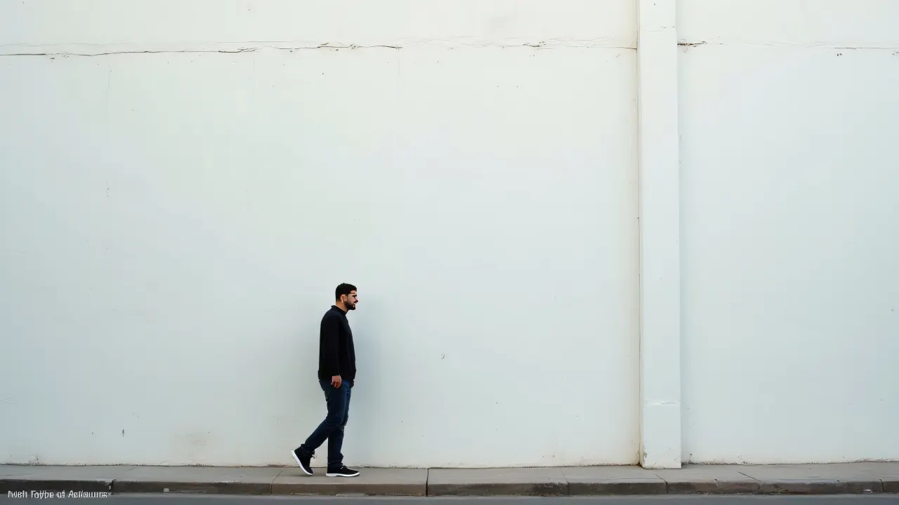 A solitary man stands beside a tall white wall in an urban alley with soft lighting.