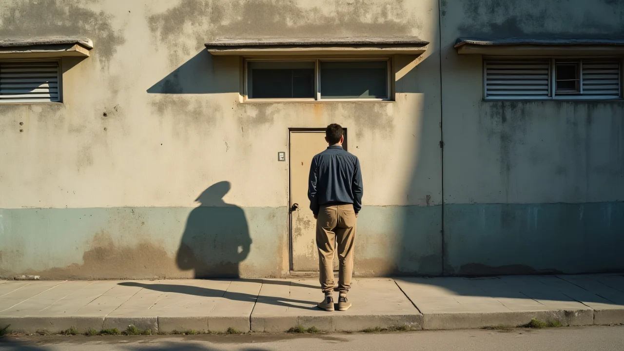 A solitary man stands next to a weathered concrete building under harsh midday light.