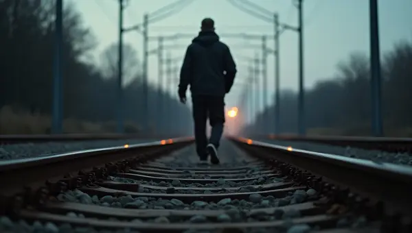 Solitary Man Walking Along Rusty Railway Tracks