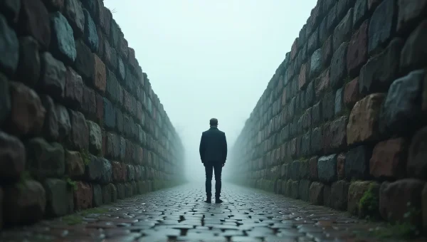 Solitary Man Walking Narrow Pathway With Walls