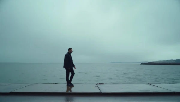 Solitary Man Walking On Wet Sidewalk By Sea