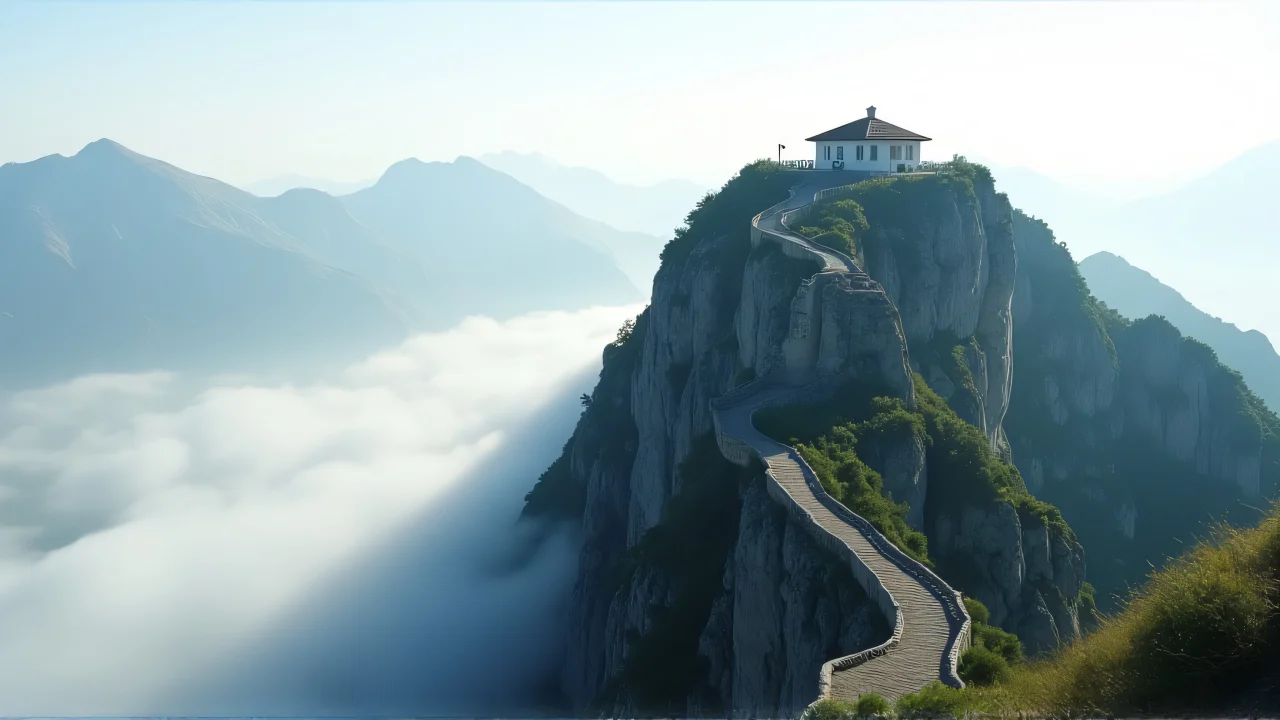 A solitary house on a mountain peak with a winding path and low clouds.