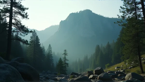 Solitary Mountain Misty Pines Rocky Outcrops