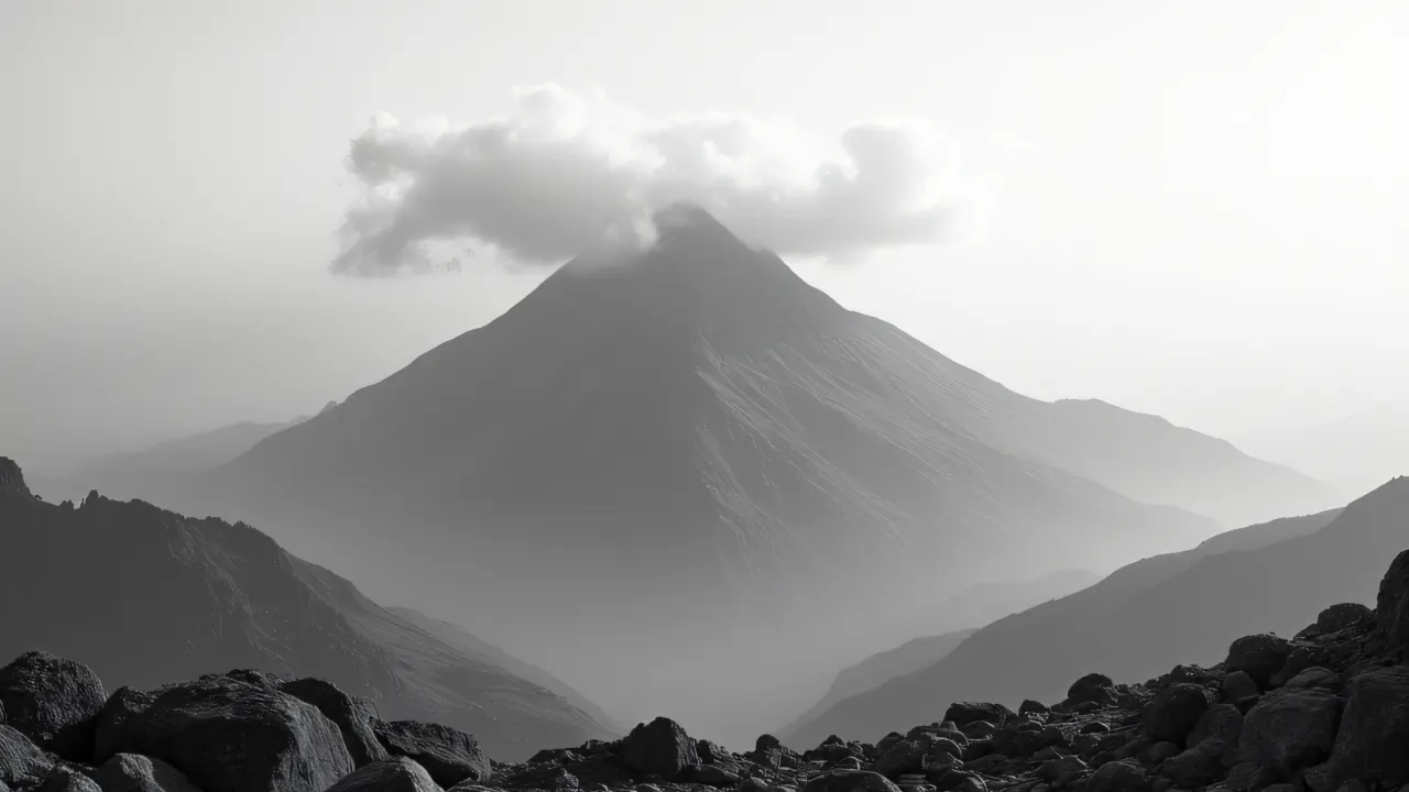 Grayscale image of a solitary mountain peak surrounded by clouds and rocky foreground.
