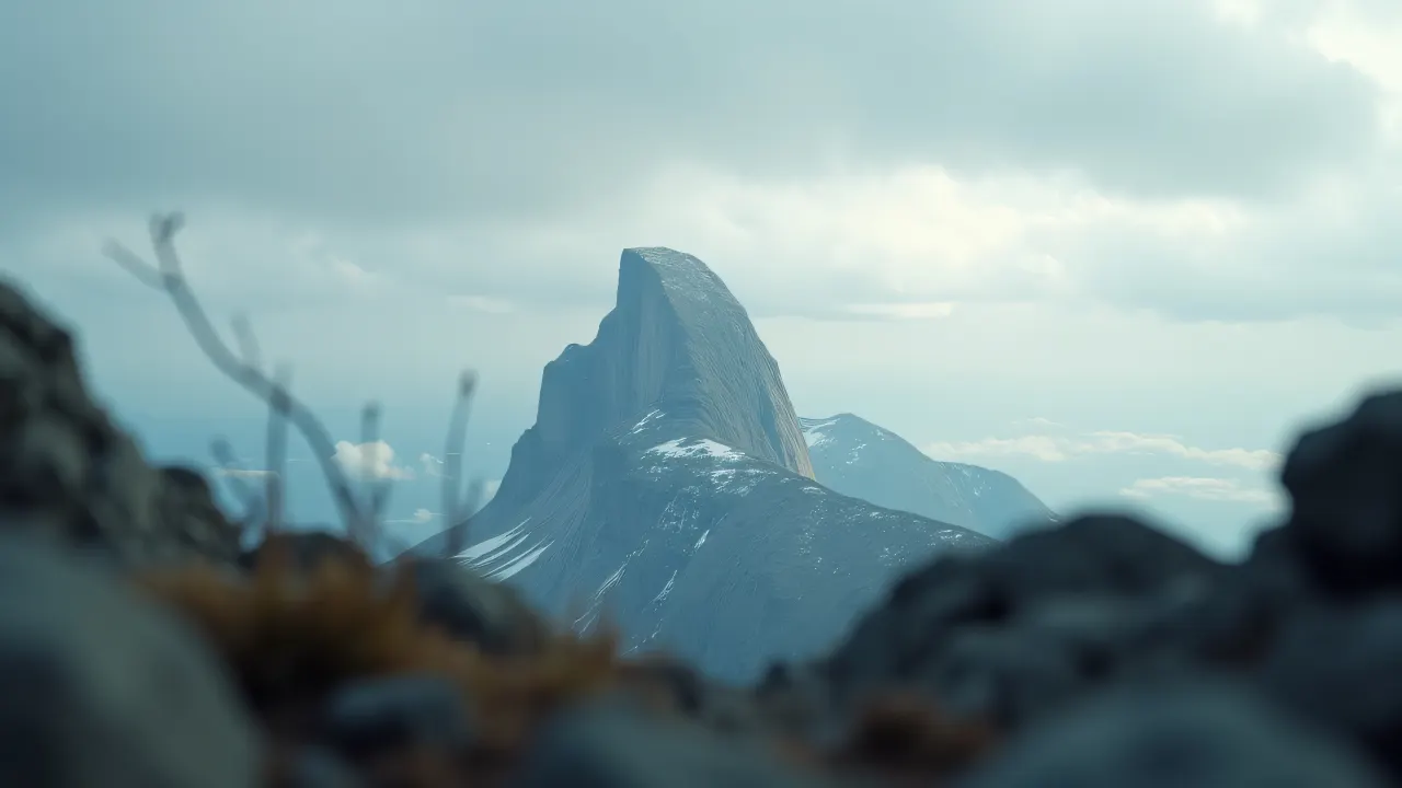 A solitary mountain peak rises beneath a layered cloudy sky, framed by foreground rocks.