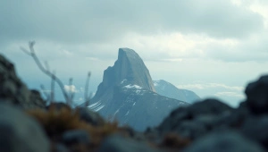 Solitary Mountain Peak Under Layered Cloudy Sky